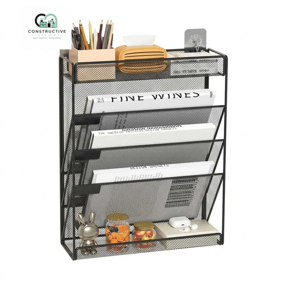Constructive Office 5-Tier Mesh Desk File Organizer – Desktop & Wall Mount Document Holder Rack